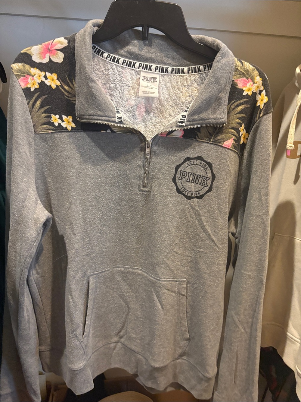 PINK Victoria's Secret Gray Half-Zip Pullover with Floral Yoke